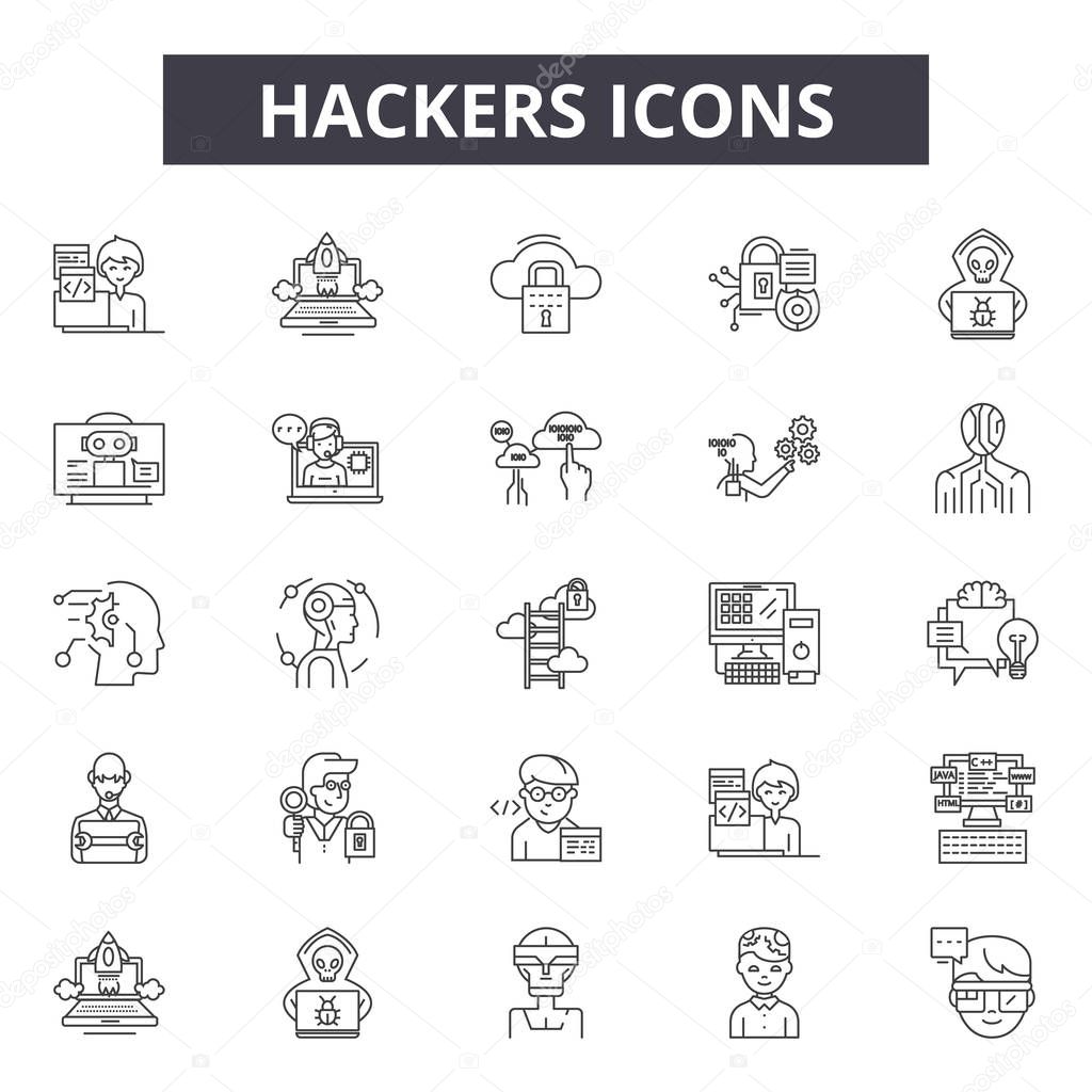 Hackers line icons, signs set, vector. Hackers outline concept, illustration: computer,hacker,criminal,crime,internet,web,spy,data