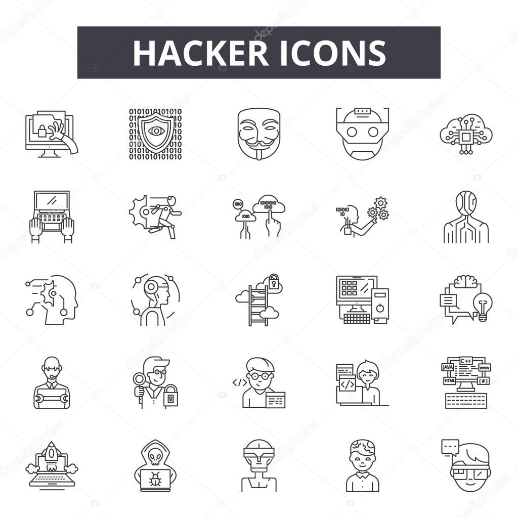 Hacker line icons, signs set, vector. Hacker outline concept, illustration: computer,hacker,criminal,crime,internet,web,spy,data