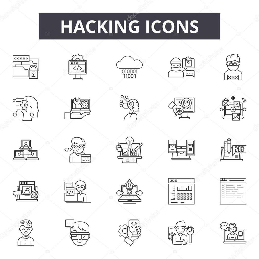 Hacking line icons, signs set, vector. Hacking outline concept, illustration: hacking,protection,security,hacker,safety,computer,web,data