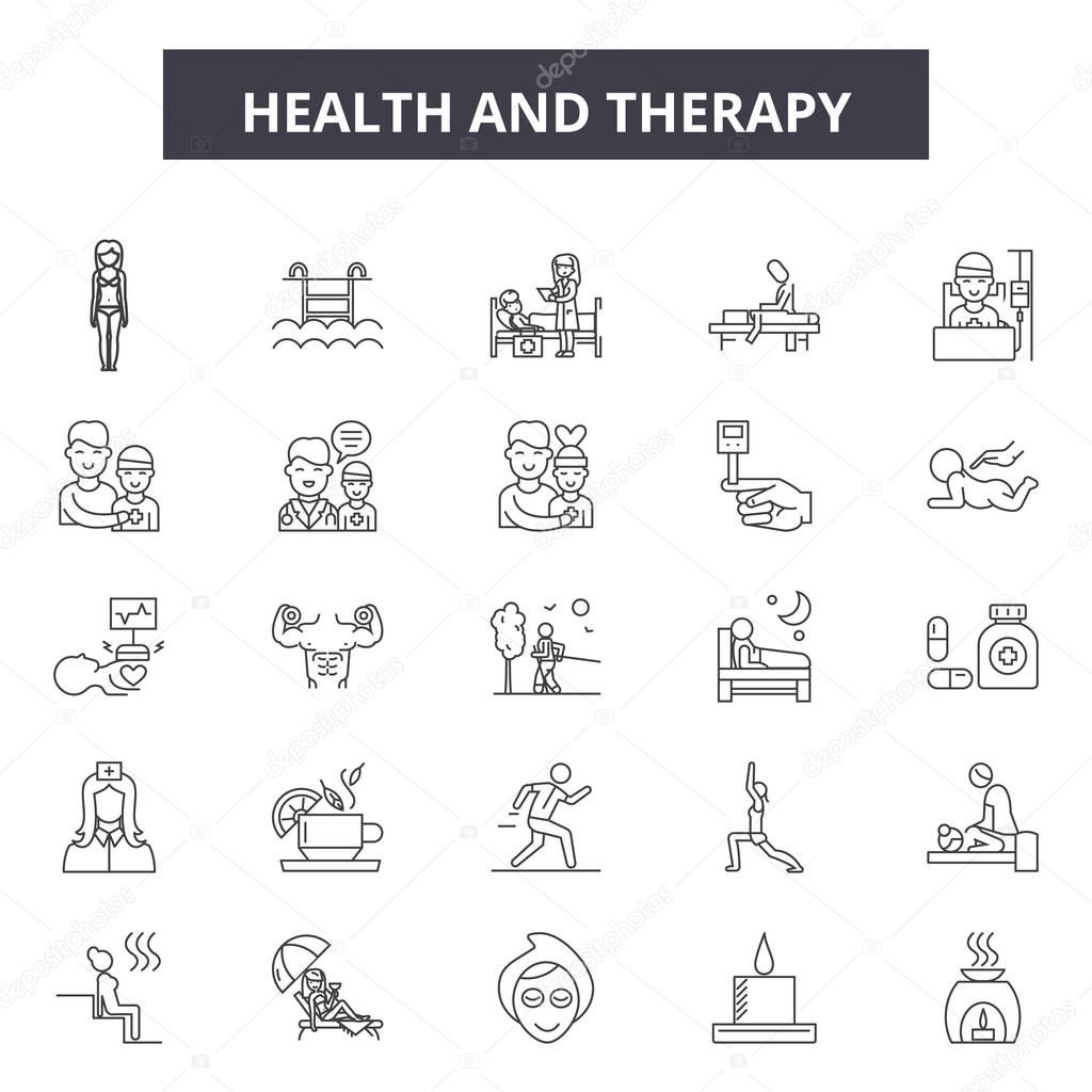 Health and therapy line icons, signs set, vector. Health and therapy outline concept, illustration: health,therapy,medical,medicine,man,care,symbol