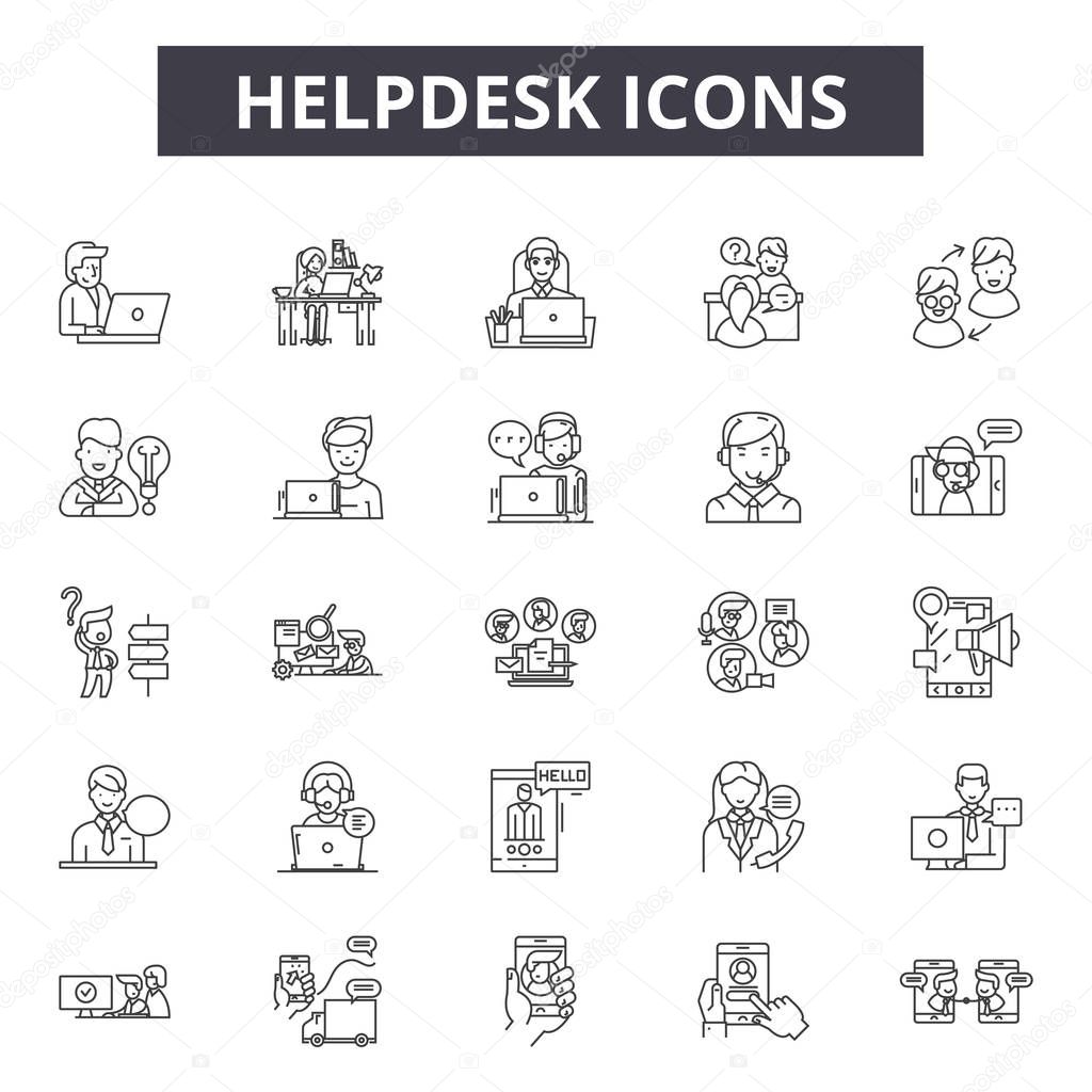 Helpdesk line icons, signs set, vector. Helpdesk outline concept, illustration: helpdesk,support,service,help,call,customer,communication,phone