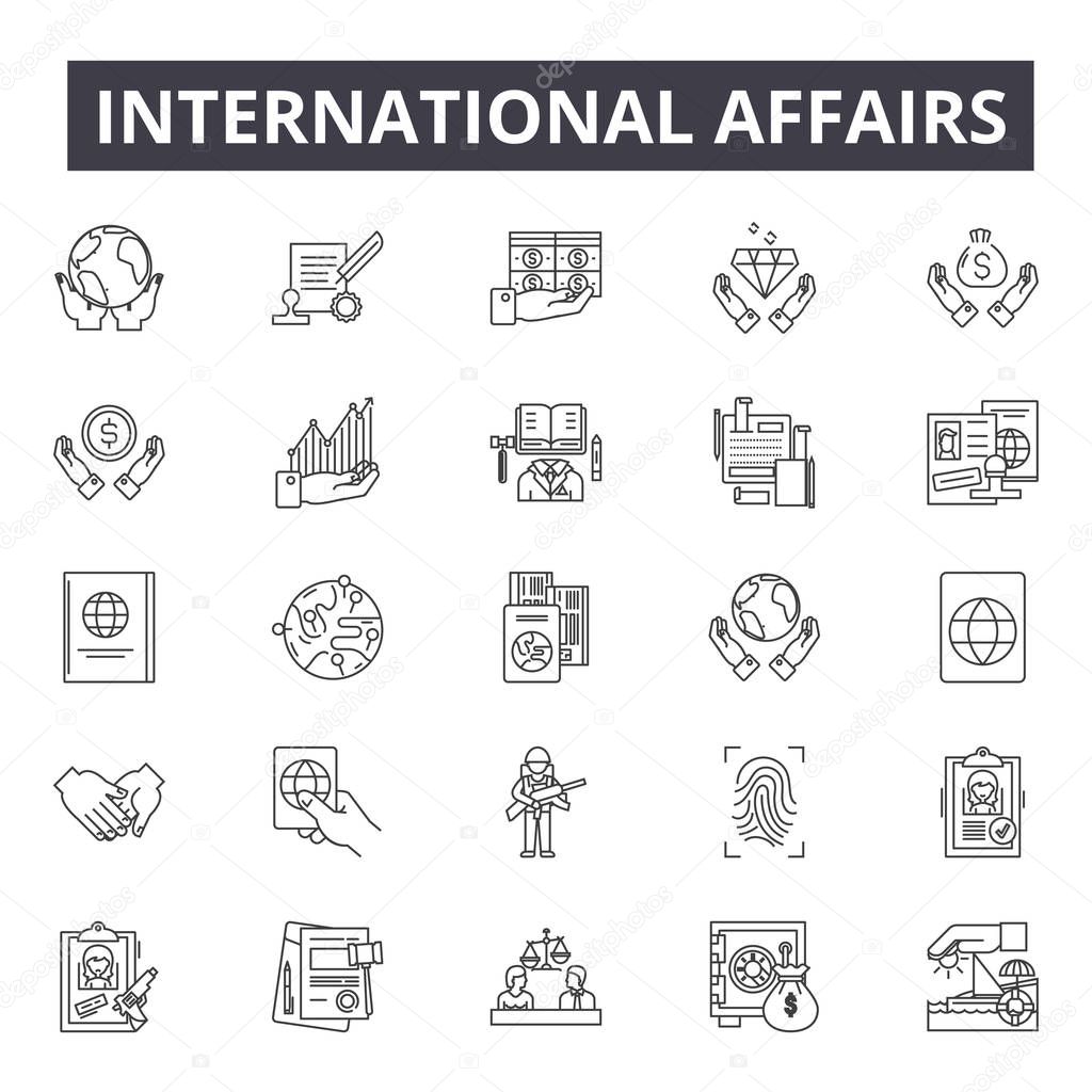 International affairs line icons, signs set, vector. International affairs outline concept, illustration: international,business,affair,exchange,flat,global,single