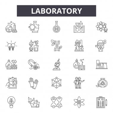 Laboratuvar çizgi simgeleri, işaretler seti, vektör. Laboratuvar anahat kavramı, illüstrasyon: laboratuvar, tıp, bilim, araştırma, kimya, tıp, test, biyoloji