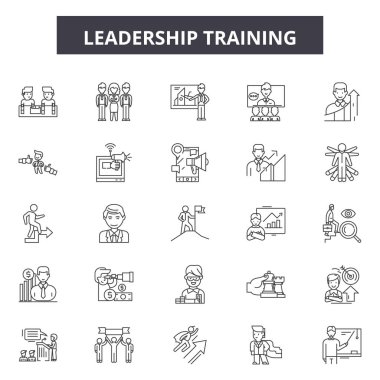 Liderlik eğitim hattı simgeleri, işaretler seti, vektör. Liderlik eğitimi anahat kavramı, illüstrasyon: eğitim, liderlik, iş, insan, takım, takım çalışması, yönetici, yönetim