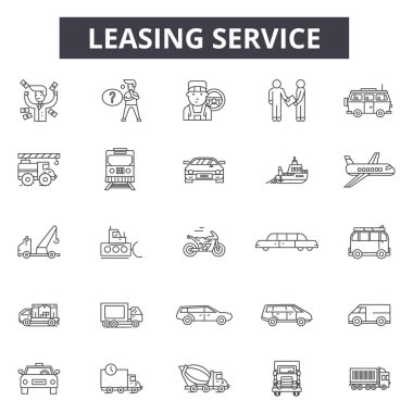 Kiralama hizmet satırı simgeleri, işaretler seti, vektör. Leasing hizmeti anahat kavramı, illüstrasyon: hizmet, araba, debusiness, eleman, leasing, ulaşım