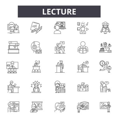 Ders çizgisi simgeleri, işaretler seti, vektör. Ders anahat kavramı, illüstrasyon: eğitim, ders, sunum, işletme, öğretmen, seminer, kişi, konferans