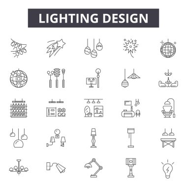 Aydınlatma tasarım çizgisi simgeleri, işaretler seti, vektör. Aydınlatma tasarımı anahat kavramı, illüstrasyon: deidea, ışık, kalem, renk, sanat, grafik