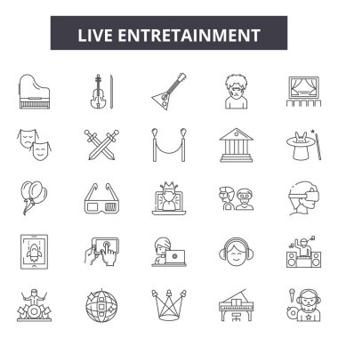 Canlı eğlence hattı simgeleri, işaretler seti, vektör. Canlı eğlence anahat kavramı, illüstrasyon: eğlence, canlı, müzik, oyun, mikrofon, konser