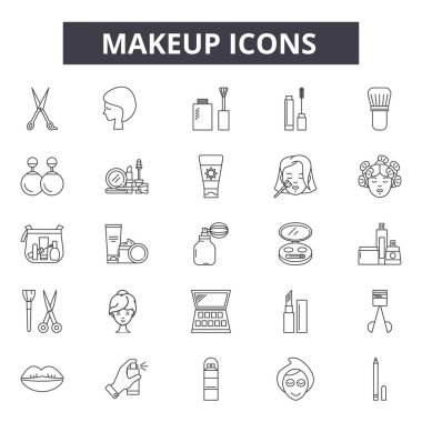 Makyaj çizgisi simgeleri, işaretler seti, vektör. Makyaj anahat kavramı, illüstrasyon: makyaj, güzellik, ruj, bakım, kadın, parfüm, fırça, kozmetik