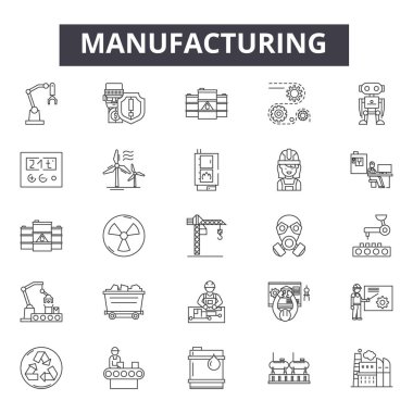 Üretim hattı simgeleri, işaretler seti, vektör. Üretim anahat kavramı, illüstrasyon: endüstriyel, fabrika, mühendislik, sanayi, robot, üretim, üretim, üretim