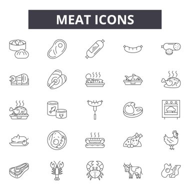 Et çizgisi simgeleri, işaretler seti, vektör. Et anahat kavramı, illüstrasyon: gıda, et, sığır eti, biftek, restoran, tavuk, domuz