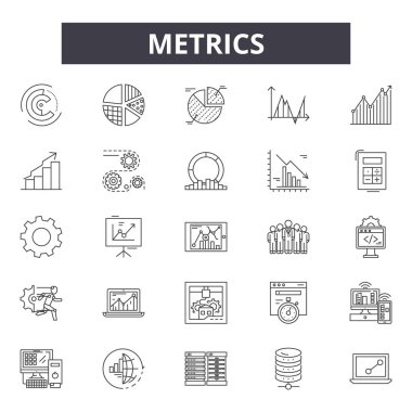 Ölçümler satır simgeleri, işaretler kümesi, vektör. Ölçümler anahat kavramı, illüstrasyon: web, grafik, iş, grafik, ölçümler, kavram, metrik