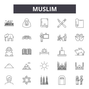 Müslüman çizgi simgeleri, işaretler seti, vektör. Müslüman anahat kavramı, illüstrasyon: müslüman, İslam, din, arap, İslam, dini, cami, ramazan