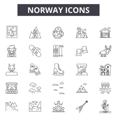 Norveç çizgi simgeleri, işaretler seti, vektör. Norveç anahat kavramı, illüstrasyon: norveç, seyahat, norveççe, izole, avrupa