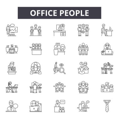 Ofis insanları satır simgeleri, işaretler seti, vektör. Ofis insanları anahat kavramı, illüstrasyon: kişi, işadamı, ofis, takım çalışması, kişi, takım, yönetici, grup