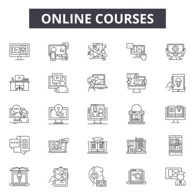 Online kurslar satır simgeleri, işaretler seti, vektör. Online kurslar anahat kavramı, illüstrasyon: eğitim, okul, bilgisayar, ders, üniversite, onstudy, kitap, internet