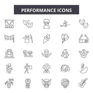 Performans çizgisi simgeleri, işaretler seti, vektör. Performans anahat kavramı, illüstrasyon: performans, iş, büyüme, ok, grafik, başarı