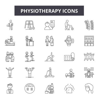 Physiotherapy line icons, signs set, vector. Physiotherapy outline concept, illustration: medical,physiotherapy,health,care,patient,rehabilitation,therapy,massage,treatment