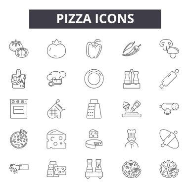 Pizza çizgisi simgeleri, işaretler seti, vektör. Pizza anahat kavramı, illüstrasyon: peynir, gıda, pizza, dilim, öğle yemeği, akşam yemeği, restoran, hızlı