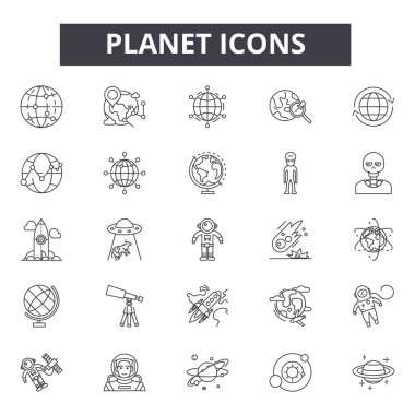 Gezegen çizgi simgeleri, işaretler seti, vektör. Gezegen anahat kavramı, illüstrasyon: gezegen, dünya, izole, küre, uzay