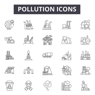 Kirlilik hattı simgeleri, işaretler seti, vektör. Kirlilik anahat kavramı, illüstrasyon: kirlilik, fabrika, çevre, duman, ekoloji, toprak, bitki, bulut