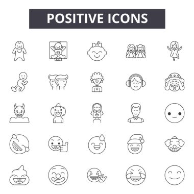 Pozitif çizgi simgeleri, işaretler kümesi, vektör. Pozitif anahat kavramı, illüstrasyon: pozitif, gibi, düz, iyi, izole