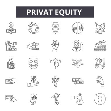 Privat sermaye hattı simgeleri, işaretler seti, vektör. Privat özkaynak anahat kavramı, illüstrasyon: iş, finans, özel, özkaynak, finans, para, yatırım