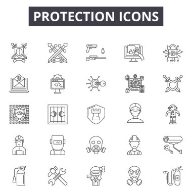 Koruma hattı simgeleri, işaretler seti, vektör. Koruma anahat kavramı, illüstrasyon: koruma, güvenlik, emniyet, güvenlik, kalkan