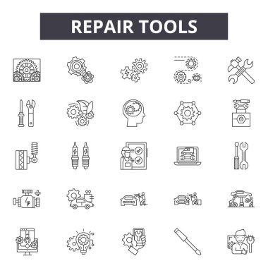 Onarım araçları satır simgeleri, işaretler seti, vektör. Onarım araçları anahat kavramı, illüstrasyon: onarım, servis, iş, ayarlar, anahtar, spanner, web
