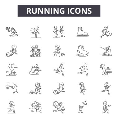 Runninig çizgi simgeleri, işaretler seti, vektör. Runninig anahat kavramı, illüstrasyon: spor, sağlıklı, eğitim, hız, fitness, yarış