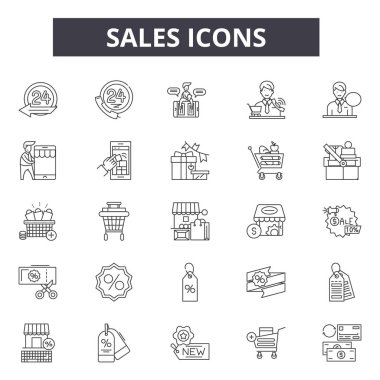 Satış danışmanları satır simgeleri, işaretler seti, vektör. Satış danışmanları anahat kavramı, illüstrasyon: iş, hizmet, web, destek, satış