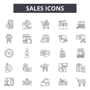 Satış çizgisi simgeleri, işaretler seti, vektör. Satış anahat kavramı, illüstrasyon: satış, debusiness, para, pazar, set
