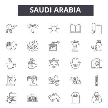 Suudi Arabistan çizgi simgeleri, işaretler, vektör. Suudi Arabistan anahat kavramı, illüstrasyon: arabistan, arka plan, suudi, decountry, seyahat