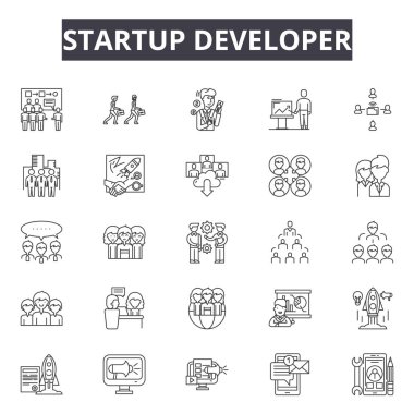 Başlangıç geliştirici satır simgeleri, işaretler seti, vektör. Başlangıç geliştirici anahat kavramı, illüstrasyon: iş, geliştirme, başlangıç, fikir, pazarlama, web