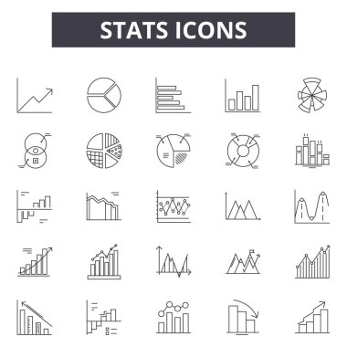 İstatistikler satır simgeleri, işaretler kümesi, vektör. İstatistikler anahat kavramı, illüstrasyon: istatistikler, grafik, grafik, iş, diyagram, büyüme