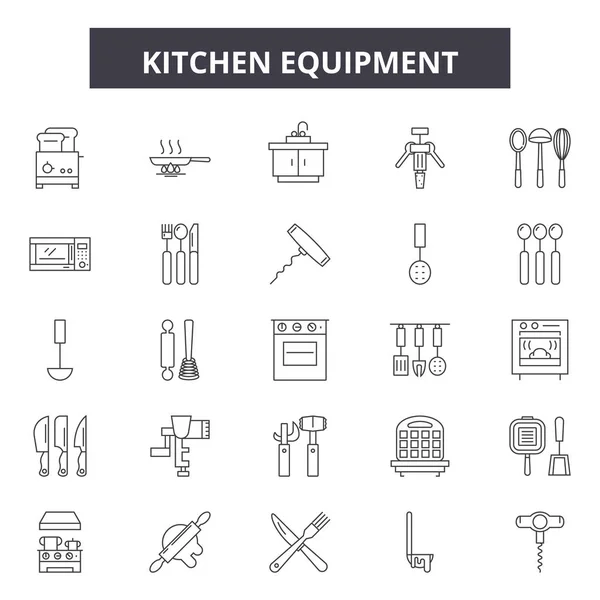 Köksutrustning linje ikoner, skyltar, vektor. Köksutrustning disposition koncept, illustration: kök, utrustning, Matlagning, mat, hushåll, ugn — Stock vektor