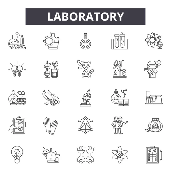 Ícones de linha de laboratório, conjunto de sinais, vetor. Conceito do esboço do laboratório, ilustração: laboratório, médico, ciência, pesquisa, química, medicina, teste, biologia — Vetor de Stock