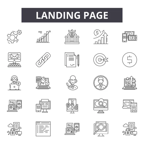 Zielseite Zeilensymbole, Zeichen gesetzt, Vektor. Landing Page Outline Konzept, Illustration: Seite, Web, Vorlage, Landung, Internet, Business, Entwicklung, Technologie — Stockvektor