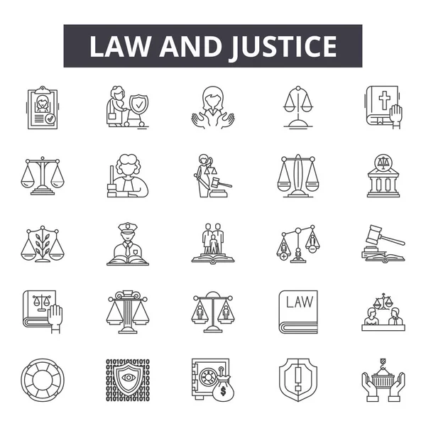 法と正義の線のアイコン、標識セット、ベクトル。法と正義の概略概念、イラスト:正義、法律、法律、裁判官、弁護士、裁判所、犯罪 — ストックベクタ