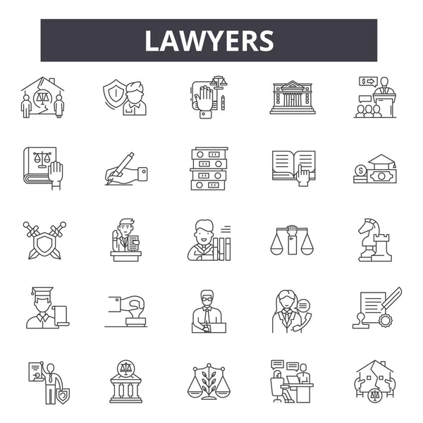 Advocaten lijn iconen, borden set, Vector. Advocaten overzicht concept, illustratie: advocaat, recht, justitie, rechtbank, rechter, juridische, Gavel — Stockvector