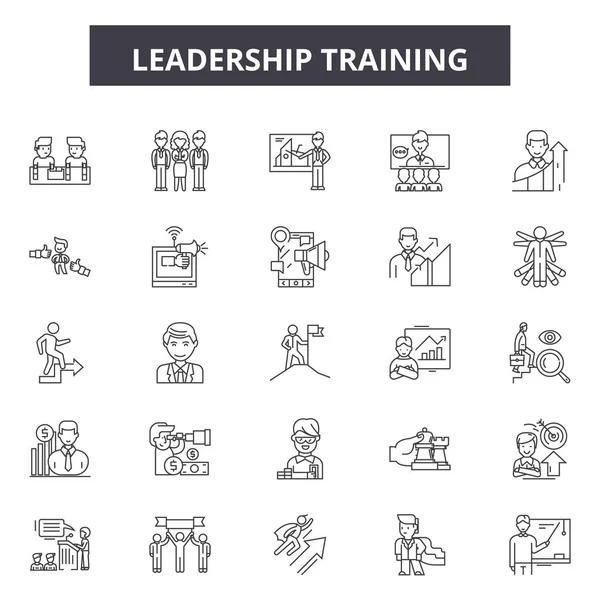 Icone della linea di addestramento alla leadership, segnaletica impostata, vettore. Leadership training outline concept, illustrazione: formazione, leadership, business, persone, team, lavoro di squadra, manager, management — Vettoriale Stock