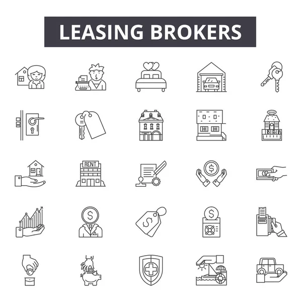 Pronájem ikon na lince, symboly, vektor. Leasingové makléři osnova koncepce, ilustrace: nemovitosti, makléř, budova, pronájem, domov, dům, podnikání, investice, Real — Stockový vektor