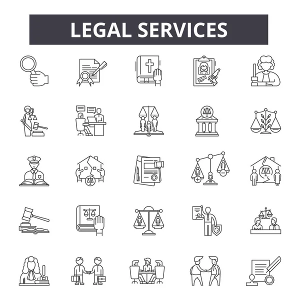 Yasal hizmetler satır simgeleri, işaretler seti, vektör. Hukuk hizmetleri anahat kavramı, illüstrasyon: hukuk, hukuk, hizmet, iş, avukat, adalet, avukat, mahkeme — Stok Vektör