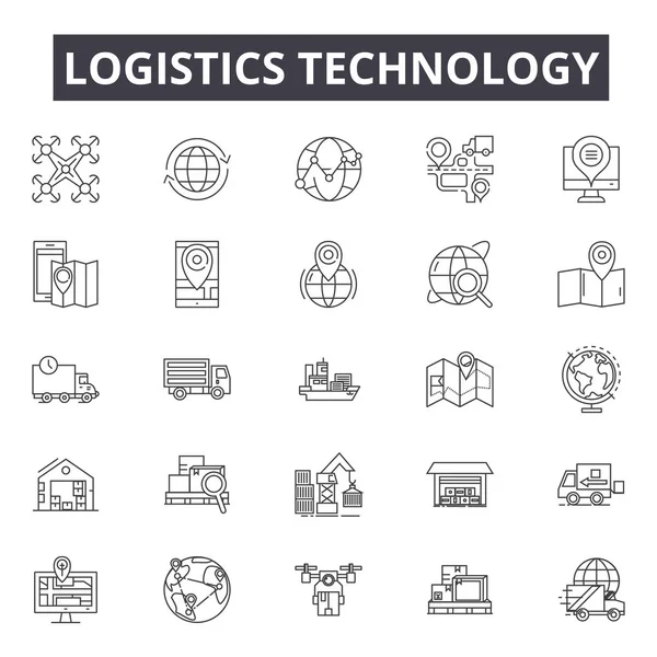 Iconos de línea de tecnología logística, conjunto de signos, vector. Concepto de esquema de tecnología logística, ilustración: tecnología, negocio, transporte, concepto, diseño — Vector de stock