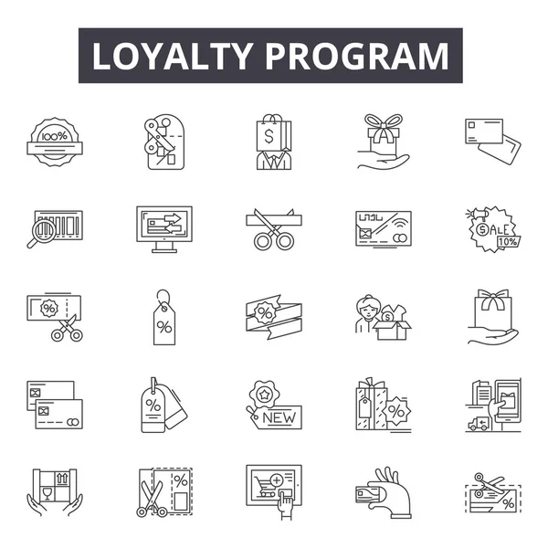 Loyaliteitsprogramma lijn iconen, borden set, Vector. Loyaliteitsprogramma overzicht concept, illustratie: programma, loyaliteit, beloning, bonus, gift, marketing, perks — Stockvector