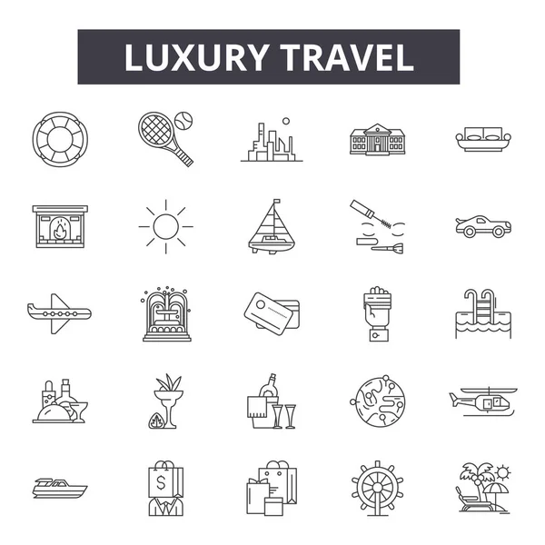 Luxe reizen lijn iconen, borden set, Vector. Luxe reizen overzicht concept, illustratie: luxe, reizen, Hotel, vakantie, vakantie, zee — Stockvector