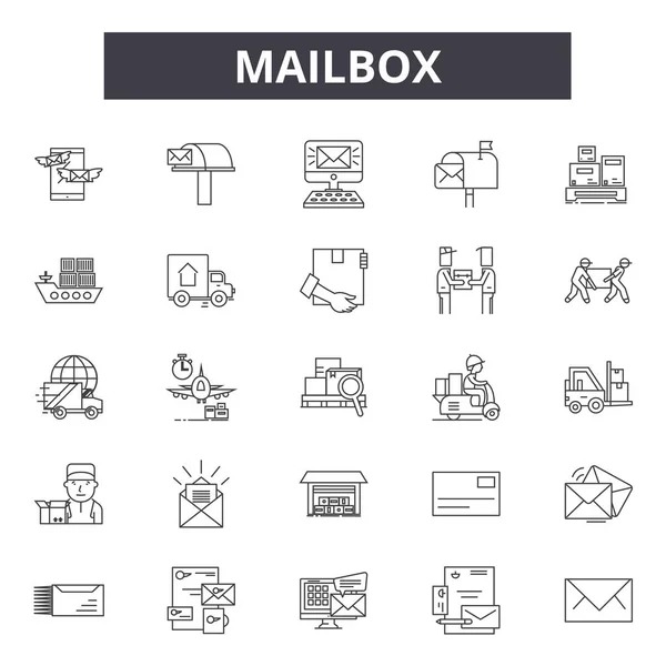 Mailbox lijn iconen, borden set, Vector. Mailbox outline concept, illustratie: mailbox, mail, post, envelop, brief, e-mail, geïsoleerd — Stockvector