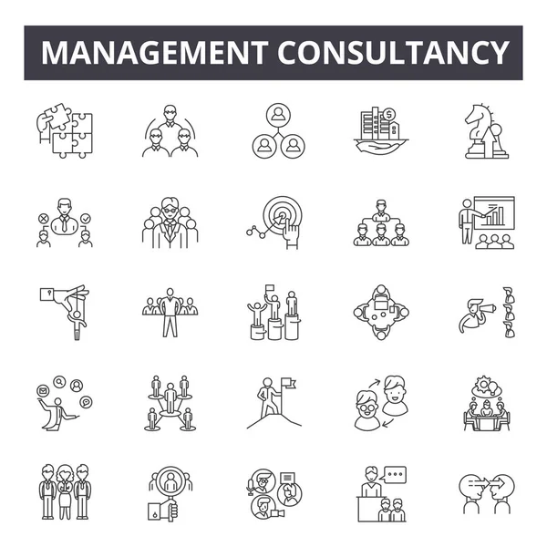 Icone della linea di consulenza gestionale, segnaletica, vettore. Concetto di consulenza manageriale, illustrazione: business, management, consulting, communication, web, work — Vettoriale Stock