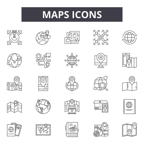 Iconos de línea de mapas, conjunto de signos, vector. Mapas esquema concepto, ilustración: mapa, recorrido, ubicación, pin, puntero, marcador, navegación, dirección — Vector de stock
