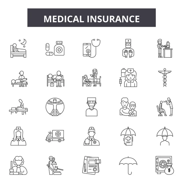 Ícones de linha de seguro médico, conjunto de sinais, vetor. Concepção do esboço do seguro médico, ilustração: seguro, médico, cuidado, saúde, medicina, cruz — Vetor de Stock